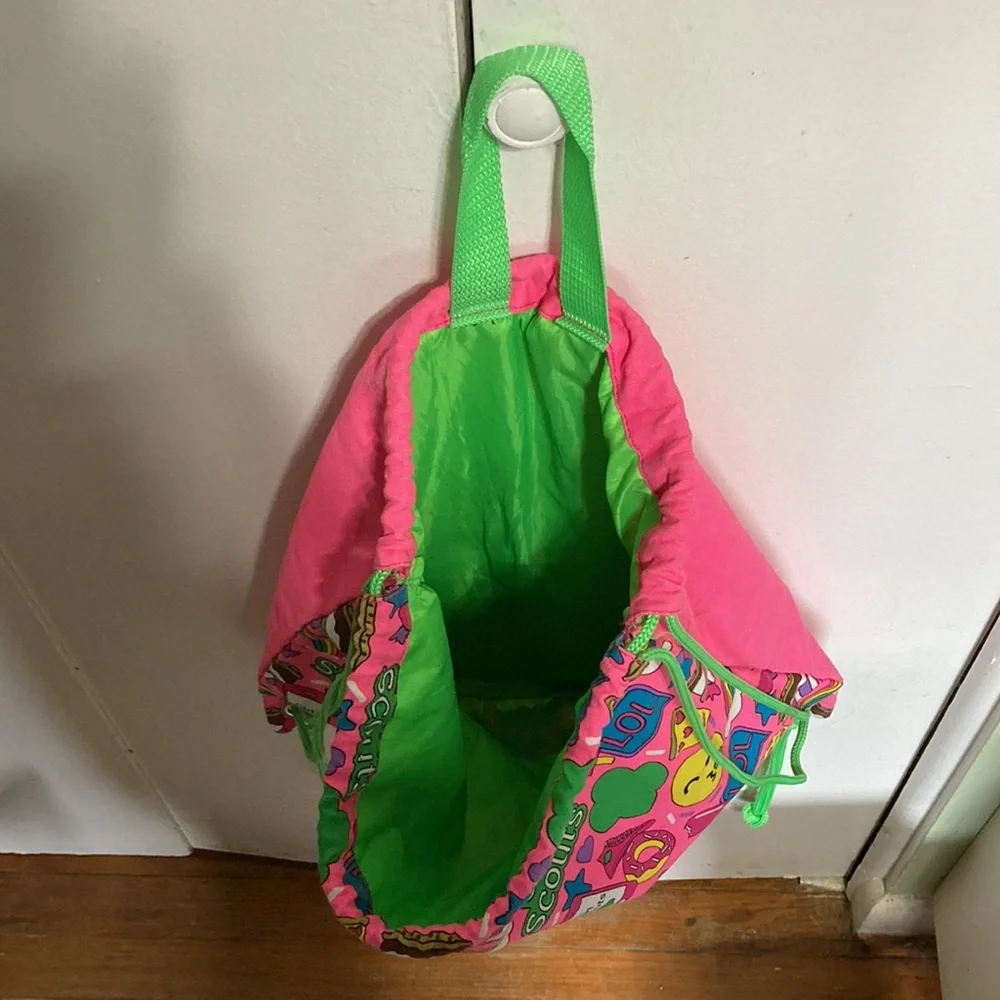 GIRL SCOUTS Emoji Drawstring Bag Mini Backpack Satchel Pink Green 15